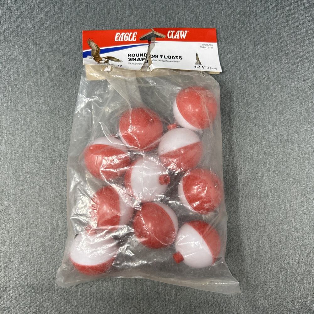 Eagle Claw Snap‑On Fishing Bobbers 10‑Count 1‑3/4" Red White Open Pack